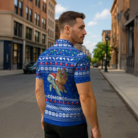 Comoros Christmas Zipper Polo Shirt with Santa Turtle Gifts Snowflakes and Ocean Blue Holiday Pattern - Wonder Print Shop