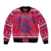 Nepal Christmas Bomber Jacket with Red-Blue Design, National Emblem, and Snowflake Motif - Wonder Print Shop