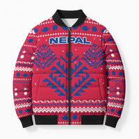 Nepal Christmas Bomber Puffer Jacket with Red-Blue Design, National Emblem, and Snowflake Motif - Wonder Print Shop