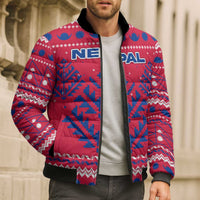 Nepal Christmas Bomber Puffer Jacket with Red-Blue Design, National Emblem, and Snowflake Motif - Wonder Print Shop