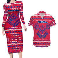 Nepal Christmas Couples Matching Long Sleeve Bodycon Dress and Hawaiian Shirt with Red-Blue Design, National Emblem, and Snowflake Motif - Wonder Print Shop