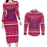 Nepal Christmas Couples Matching Long Sleeve Bodycon Dress and Long Sleeve Button Shirt with Red-Blue Design, National Emblem, and Snowflake Motif - Wonder Print Shop