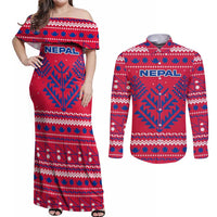 Nepal Christmas Couples Matching Off Shoulder Maxi Dress and Long Sleeve Button Shirt with Red-Blue Design, National Emblem, and Snowflake Motif - Wonder Print Shop