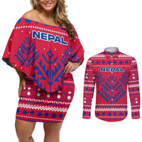 Nepal Christmas Couples Matching Off Shoulder Short Dress and Long Sleeve Button Shirt with Red-Blue Design, National Emblem, and Snowflake Motif - Wonder Print Shop
