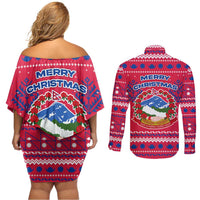 Nepal Christmas Couples Matching Off Shoulder Short Dress and Long Sleeve Button Shirt with Red-Blue Design, National Emblem, and Snowflake Motif - Wonder Print Shop