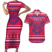 Nepal Christmas Couples Matching Short Sleeve Bodycon Dress and Hawaiian Shirt with Red-Blue Design, National Emblem, and Snowflake Motif - Wonder Print Shop