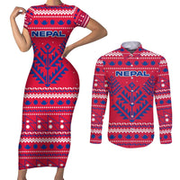 Nepal Christmas Couples Matching Short Sleeve Bodycon Dress and Long Sleeve Button Shirt with Red-Blue Design, National Emblem, and Snowflake Motif - Wonder Print Shop