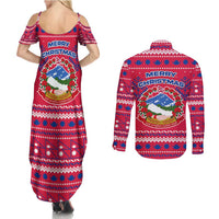Nepal Christmas Couples Matching Summer Maxi Dress and Long Sleeve Button Shirt with Red-Blue Design, National Emblem, and Snowflake Motif - Wonder Print Shop