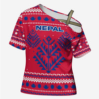 Nepal Christmas Cross Shoulder Shirt with Red-Blue Design, National Emblem, and Snowflake Motif - Wonder Print Shop