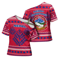 Nepal Christmas Cross Shoulder Shirt with Red-Blue Design, National Emblem, and Snowflake Motif - Wonder Print Shop