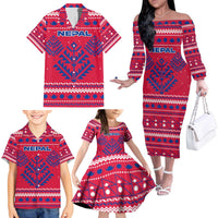 Nepal Christmas Family Matching Off The Shoulder Long Sleeve Dress and Hawaiian Shirt with Red-Blue Design, National Emblem, and Snowflake Motif - Wonder Print Shop