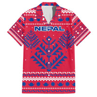 Nepal Christmas Family Matching Off The Shoulder Long Sleeve Dress and Hawaiian Shirt with Red-Blue Design, National Emblem, and Snowflake Motif - Wonder Print Shop