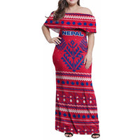 Nepal Christmas Family Matching Off Shoulder Maxi Dress and Hawaiian Shirt with Red-Blue Design, National Emblem, and Snowflake Motif - Wonder Print Shop