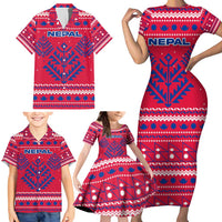 Nepal Christmas Family Matching Short Sleeve Bodycon Dress and Hawaiian Shirt with Red-Blue Design, National Emblem, and Snowflake Motif - Wonder Print Shop