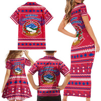 Nepal Christmas Family Matching Short Sleeve Bodycon Dress and Hawaiian Shirt with Red-Blue Design, National Emblem, and Snowflake Motif - Wonder Print Shop