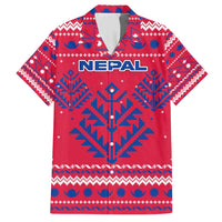 Nepal Christmas Family Matching Short Sleeve Bodycon Dress and Hawaiian Shirt with Red-Blue Design, National Emblem, and Snowflake Motif - Wonder Print Shop