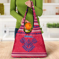 Nepal Christmas Grocery Bag with Red-Blue Design, National Emblem, and Snowflake Motif - Wonder Print Shop