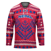 Nepal Christmas Hockey Jersey with Red-Blue Design, National Emblem, and Snowflake Motif - Wonder Print Shop