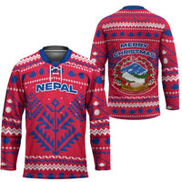 Nepal Christmas Hockey Jersey with Red-Blue Design, National Emblem, and Snowflake Motif - Wonder Print Shop