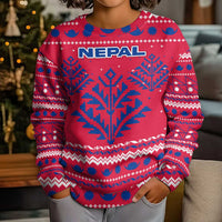 Nepal Christmas Kid Ugly Christmas Sweater with Red-Blue Design, National Emblem, and Snowflake Motif - Wonder Print Shop