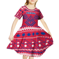 Nepal Christmas Kid Short Sleeve Dress with Red-Blue Design, National Emblem, and Snowflake Motif - Wonder Print Shop
