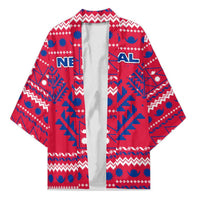 Nepal Christmas Kimono with Red-Blue Design, National Emblem, and Snowflake Motif - Wonder Print Shop