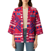 Nepal Christmas Kimono with Red-Blue Design, National Emblem, and Snowflake Motif - Wonder Print Shop