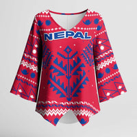 Nepal Christmas Kimono Sleeve Blouse with Red-Blue Design, National Emblem, and Snowflake Motif - Wonder Print Shop