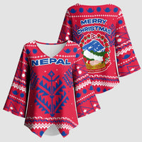 Nepal Christmas Kimono Sleeve Blouse with Red-Blue Design, National Emblem, and Snowflake Motif - Wonder Print Shop