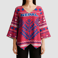 Nepal Christmas Kimono Sleeve Blouse with Red-Blue Design, National Emblem, and Snowflake Motif - Wonder Print Shop