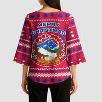 Nepal Christmas Kimono Sleeve Blouse with Red-Blue Design, National Emblem, and Snowflake Motif - Wonder Print Shop