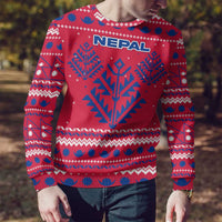 Nepal Christmas Ugly Christmas Sweater with Red-Blue Design, National Emblem, and Snowflake Motif - Wonder Print Shop