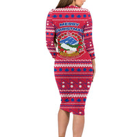 Nepal Christmas Long Sleeve Bodycon Dress with Red-Blue Design, National Emblem, and Snowflake Motif - Wonder Print Shop