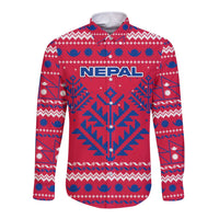 Nepal Christmas Long Sleeve Button Shirt with Red-Blue Design, National Emblem, and Snowflake Motif - Wonder Print Shop