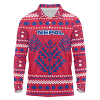 Nepal Christmas Long Sleeve Polo Shirt with Red-Blue Design, National Emblem, and Snowflake Motif - Wonder Print Shop