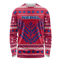 Nepal Christmas Long Sleeve Shirt with Red-Blue Design, National Emblem, and Snowflake Motif - Wonder Print Shop