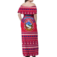 Nepal Christmas Off Shoulder Maxi Dress with Red-Blue Design, National Emblem, and Snowflake Motif - Wonder Print Shop