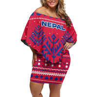 Nepal Christmas Off Shoulder Short Dress with Red-Blue Design, National Emblem, and Snowflake Motif - Wonder Print Shop