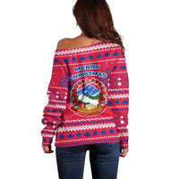 Nepal Christmas Off Shoulder Sweater with Red-Blue Design, National Emblem, and Snowflake Motif - Wonder Print Shop