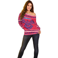 Nepal Christmas Off Shoulder Sweater with Red-Blue Design, National Emblem, and Snowflake Motif - Wonder Print Shop