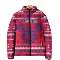 Nepal Christmas Padded Jacket with Red-Blue Design, National Emblem, and Snowflake Motif - Wonder Print Shop
