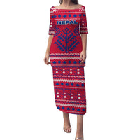 Nepal Christmas Puletasi with Red-Blue Design, National Emblem, and Snowflake Motif - Wonder Print Shop