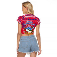 Nepal Christmas Raglan Cropped T Shirt with Red-Blue Design, National Emblem, and Snowflake Motif - Wonder Print Shop