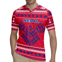 Nepal Christmas Rugby Jersey with Red-Blue Design, National Emblem, and Snowflake Motif - Wonder Print Shop