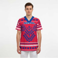 Nepal Christmas Scrub Top with Red-Blue Design, National Emblem, and Snowflake Motif - Wonder Print Shop