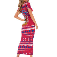 Nepal Christmas Short Sleeve Bodycon Dress with Red-Blue Design, National Emblem, and Snowflake Motif - Wonder Print Shop