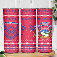 Nepal Christmas Skinny Tumbler with Red-Blue Design, National Emblem, and Snowflake Motif - Wonder Print Shop
