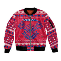 Nepal Christmas Sleeve Zip Bomber Jacket with Red-Blue Design, National Emblem, and Snowflake Motif - Wonder Print Shop