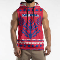 Nepal Christmas Sleeveless Hoodie with Red-Blue Design, National Emblem, and Snowflake Motif - Wonder Print Shop