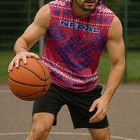 Nepal Christmas Sleeveless Hoodie with Red-Blue Design, National Emblem, and Snowflake Motif - Wonder Print Shop